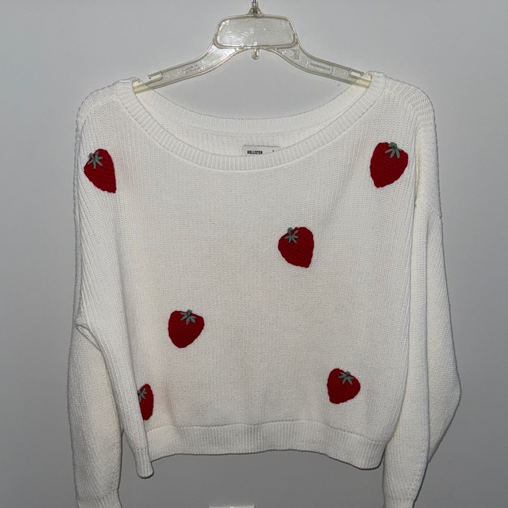 Hollister white Sweater with Red Strawberry Accents